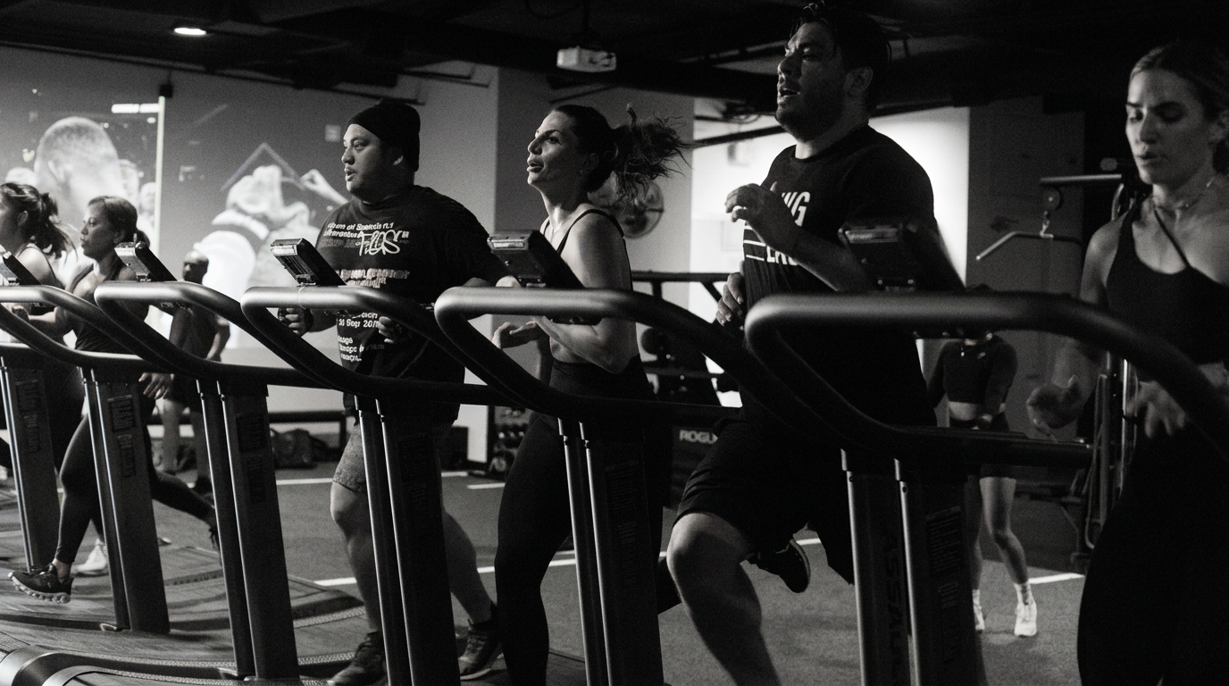 Athletes training together on treadmills